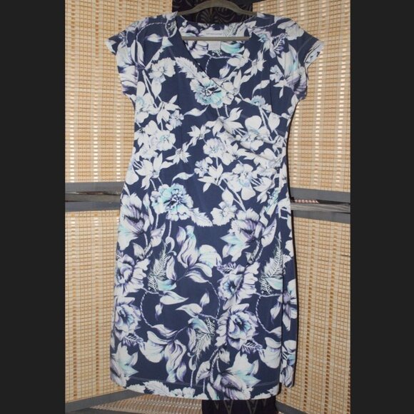 Soft Surrounding Blue Floral Cap Slv Faux Wrap Knit Dress - Picture 1 of 3